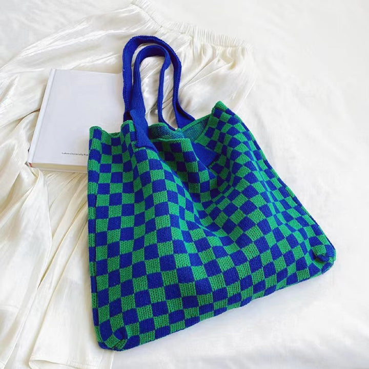 Geruite Gebreide Tote Bag Tas-Handtassen-Calora-Groen Blauw-Calora
