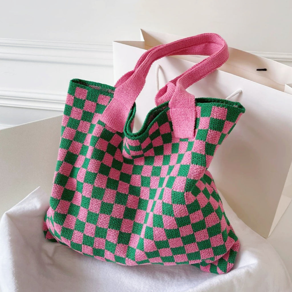 Geruite Gebreide Tote Bag Tas-Handtassen-Calora-Groen Roze-Calora