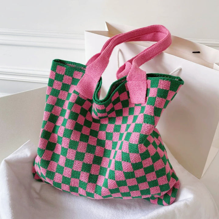 Geruite Gebreide Tote Bag Tas-Handtassen-Calora-Groen Roze-Calora