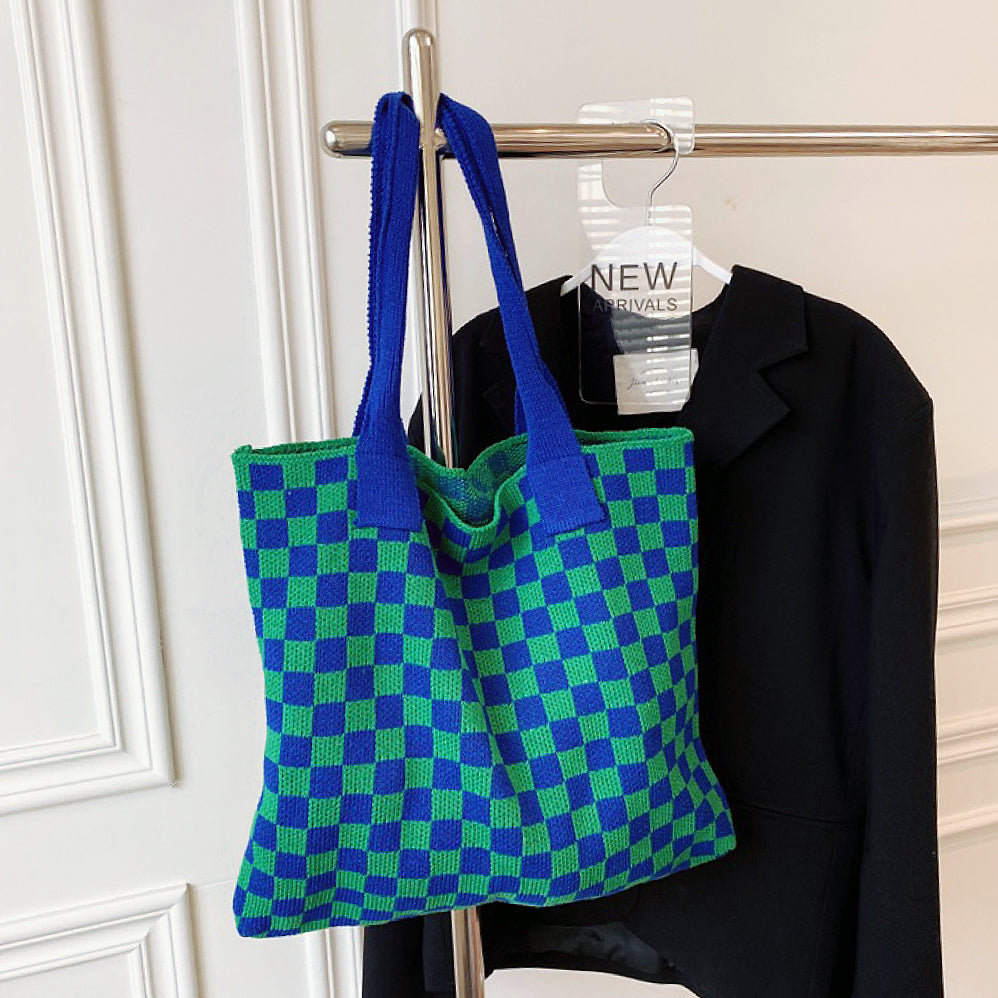 Geruite Gebreide Tote Bag Tas-Handtassen-Calora-Groen Wit-Calora