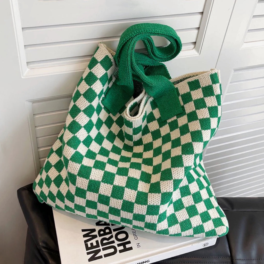 Geruite Gebreide Tote Bag Tas-Handtassen-Calora-Groen Wit-Calora