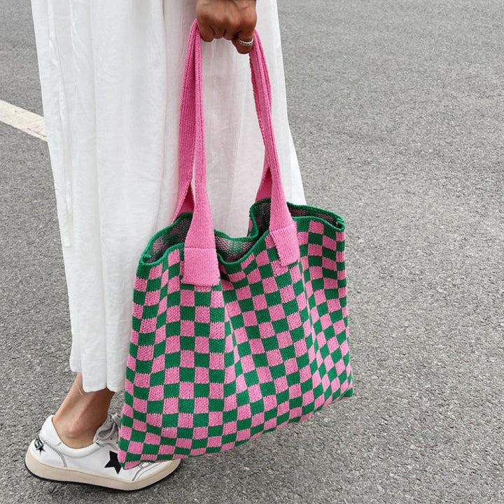 Geruite Gebreide Tote Bag Tas-Handtassen-Calora-Groen Wit-Calora
