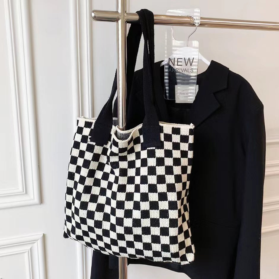 Geruite Gebreide Tote Bag Tas-Handtassen-Calora-Groen Wit-Calora