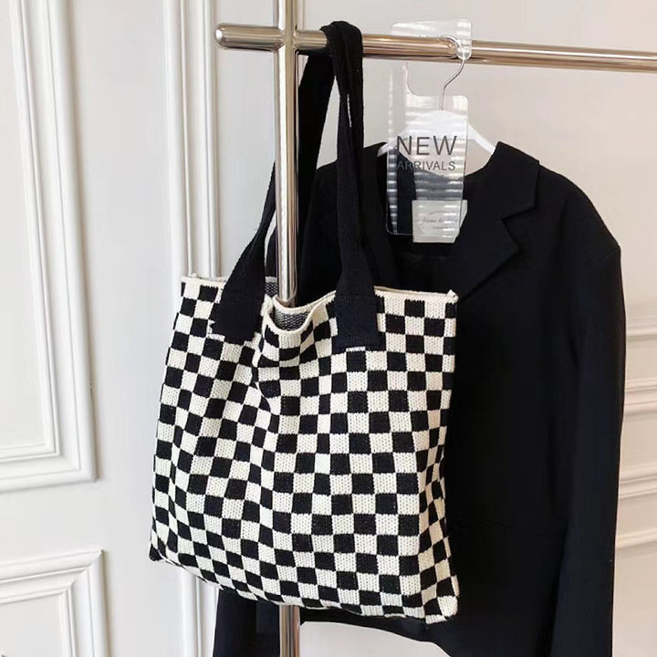 Geruite Gebreide Tote Bag Tas-Handtassen-Calora-Groen Wit-Calora