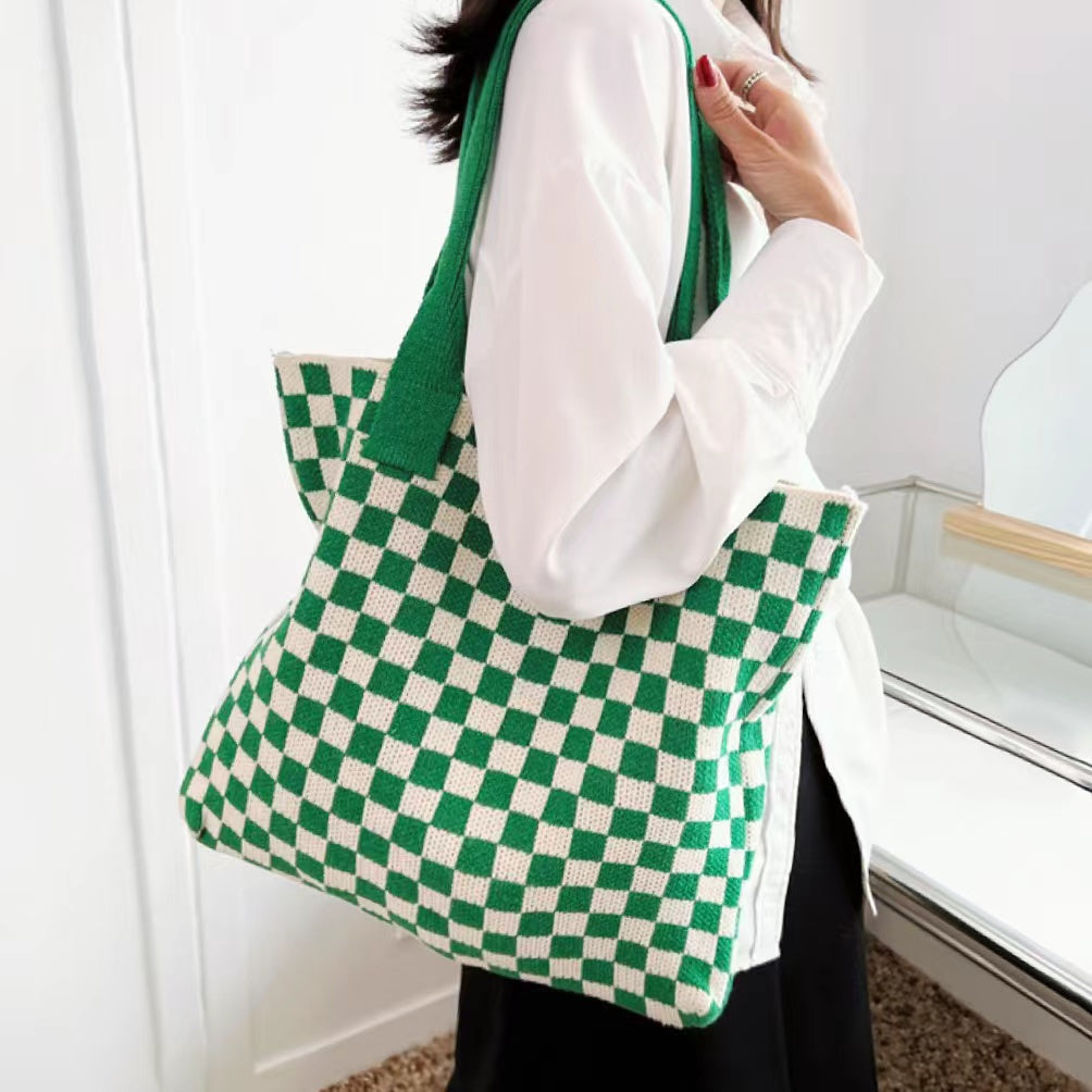 Geruite Gebreide Tote Bag Tas-Handtassen-Calora-Groen Wit-Calora