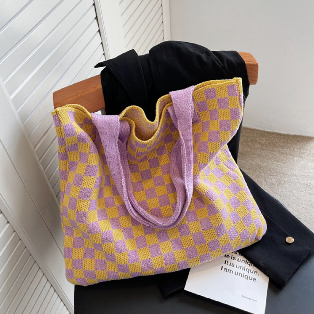 Geruite Gebreide Tote Bag Tas-Handtassen-Calora-Paars Geel-Calora