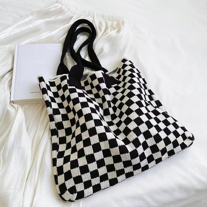 Geruite Gebreide Tote Bag Tas-Handtassen-Calora-Zwart Wit-Calora