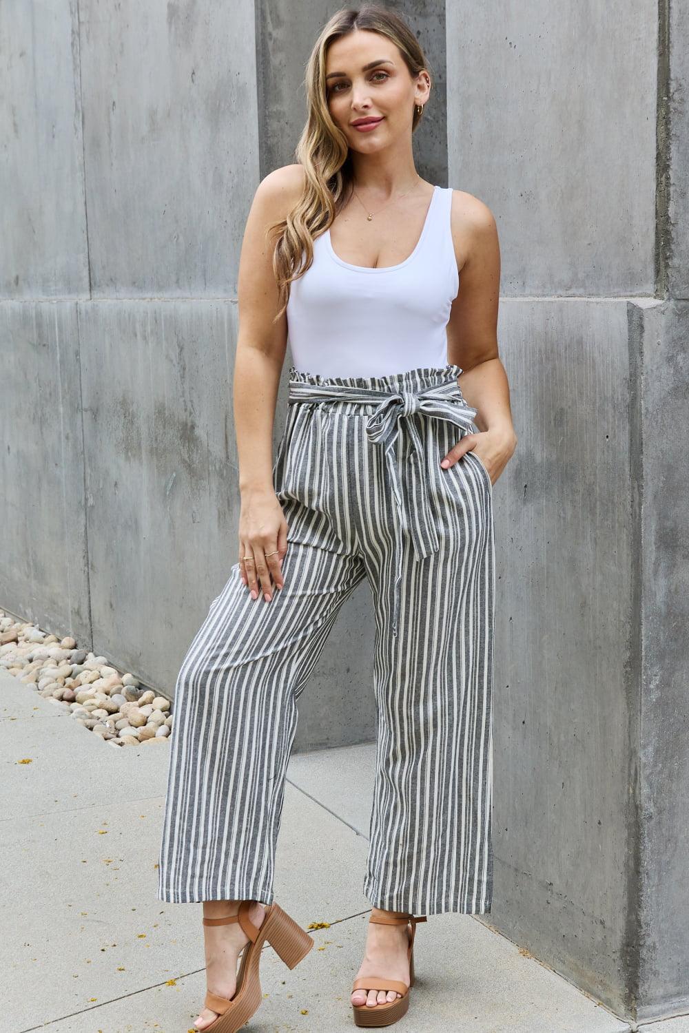 Gestreepte Culotte broek met paperbag taille-Wijde Broeken-Calora-S-Calora
