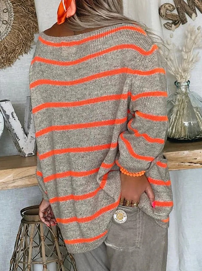 Gestreepte damestrui met boothals en grote zak-Blazers & Vesten-Calora-Oranje-S-Calora