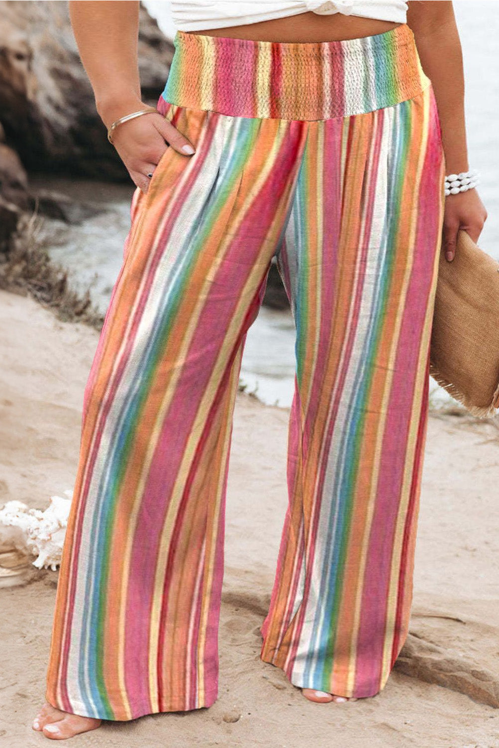 Gestreepte Kleuren Broek met wijde pijpen in grote maten-Wijde Broeken-Calora-Mandarijn-XL-Calora