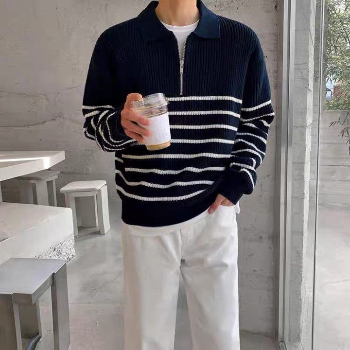 CALORA_ Gestreepte Knit Sweater met Halve Rits en Lange Mouwen van Katoenmix