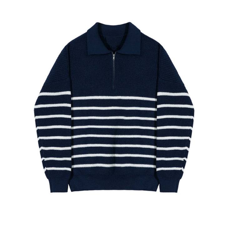 CALORA_ Gestreepte Knit Sweater met Halve Rits en Lange Mouwen van Katoenmix