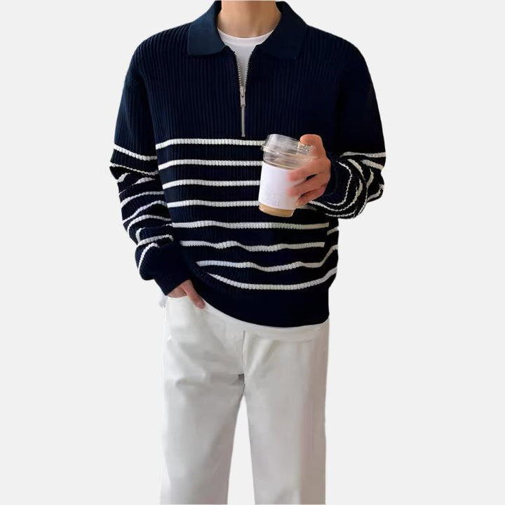 CALORA_ Gestreepte Knit Sweater met Halve Rits en Lange Mouwen van Katoenmix