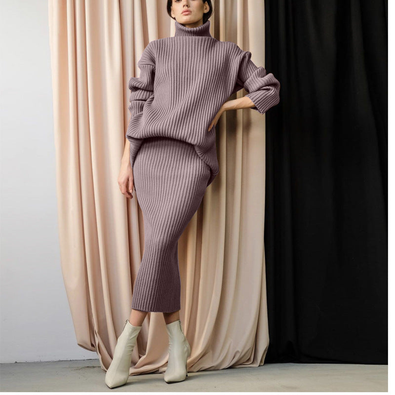 CALORA_ Gestreepte Midi Rok en Warme Coltrui Set voor Dames