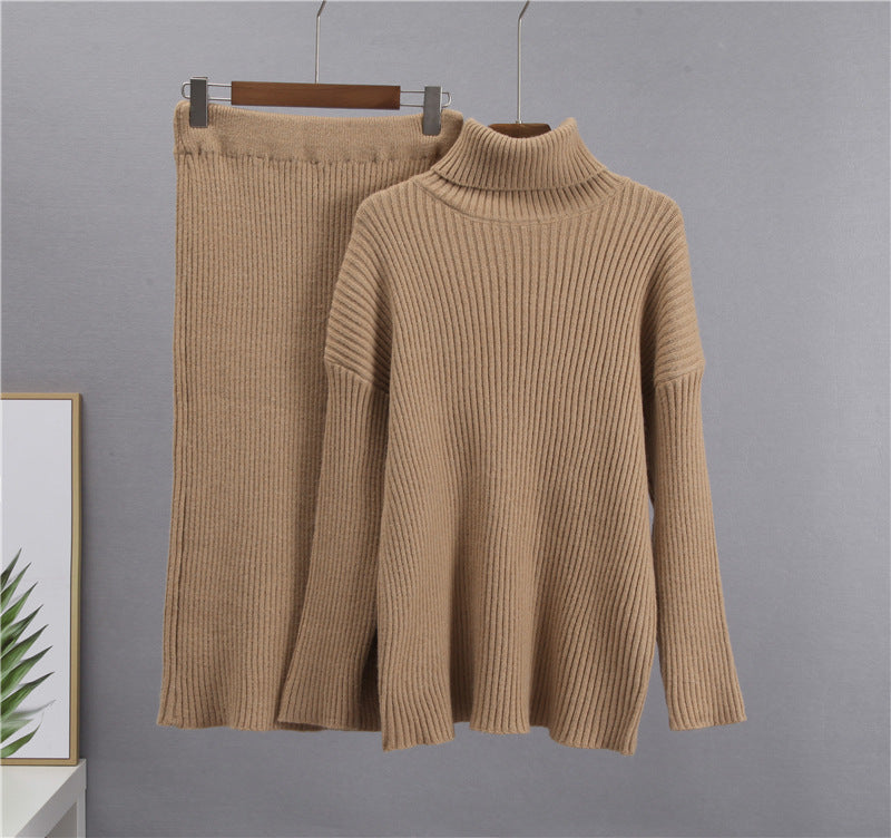 CALORA_ Gestreepte Midi Rok en Warme Coltrui Set voor Dames