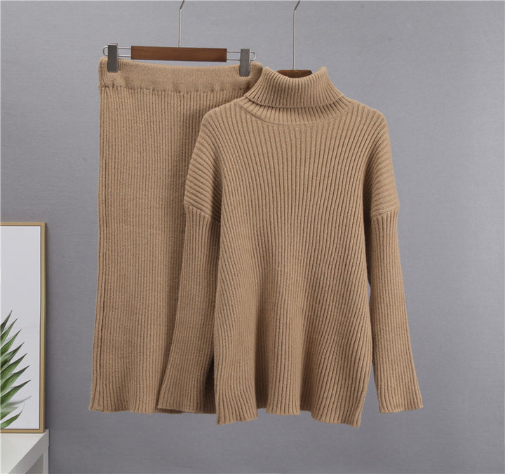 CALORA_ Gestreepte Midi Rok en Warme Coltrui Set voor Dames