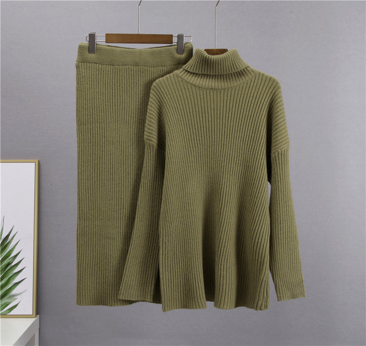 CALORA_ Gestreepte Midi Rok en Warme Coltrui Set voor Dames