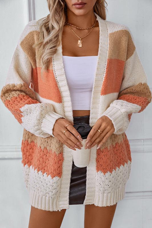 CALORA_ Gestreepte V-hals Gebreide Cardigan met Lantern Mouwen