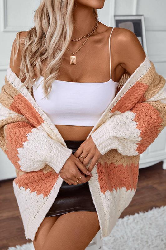 CALORA_ Gestreepte V-hals Gebreide Cardigan met Lantern Mouwen
