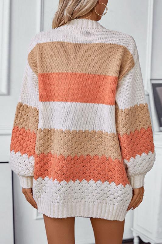 CALORA_ Gestreepte V-hals Gebreide Cardigan met Lantern Mouwen