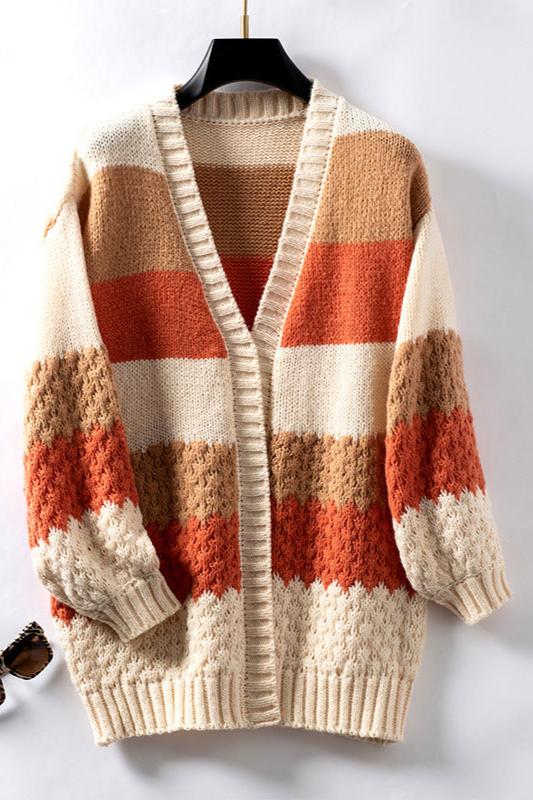 CALORA_ Gestreepte V-hals Gebreide Cardigan met Lantern Mouwen