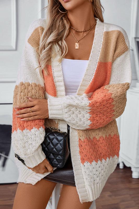 CALORA_ Gestreepte V-hals Gebreide Cardigan met Lantern Mouwen