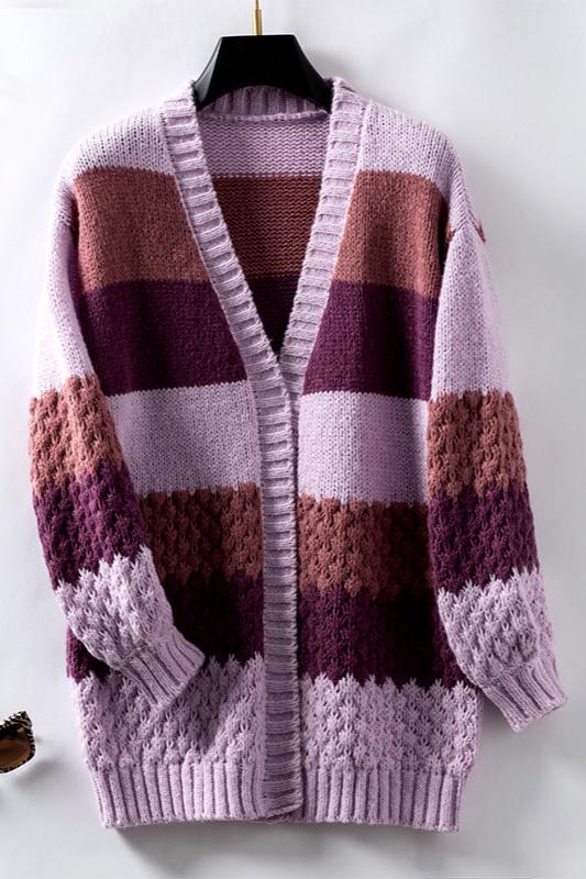 CALORA_ Gestreepte V-hals Gebreide Cardigan met Lantern Mouwen