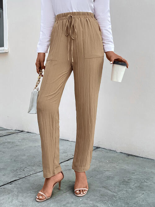 Getextureerde beige trekkoord Pantalon Broek met zakken-Pantalons-Calora-S-Calora