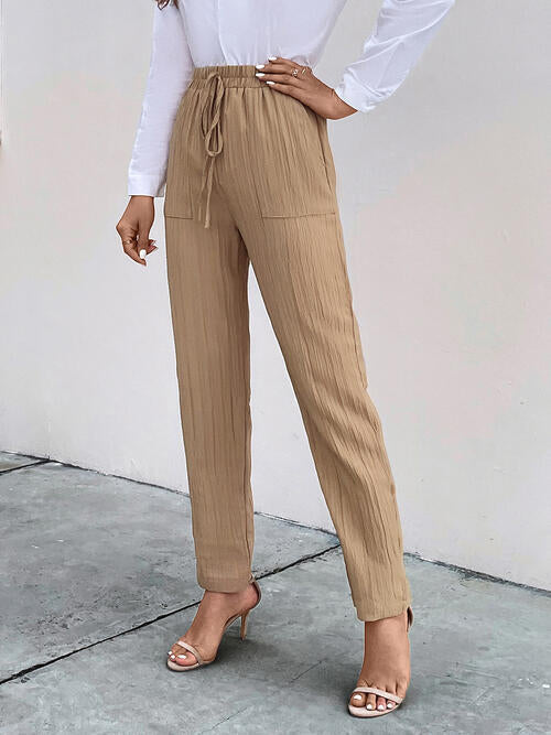 Getextureerde beige trekkoord Pantalon Broek met zakken-Pantalons-Calora-S-Calora