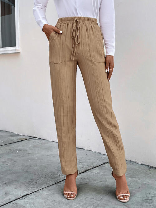Getextureerde beige trekkoord Pantalon Broek met zakken-Pantalons-Calora-S-Calora