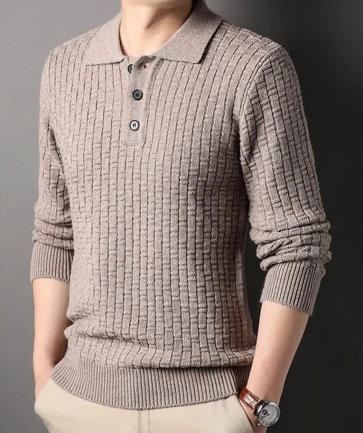 CALORA_ Geweven jacquard trui met kraag en knopen