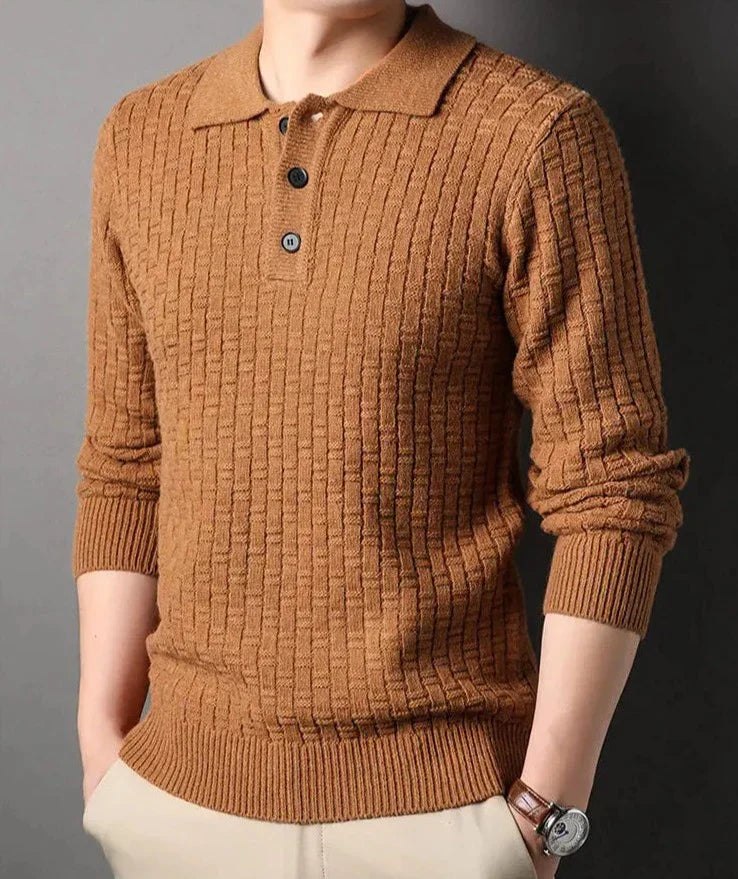 CALORA_ Geweven jacquard trui met kraag en knopen