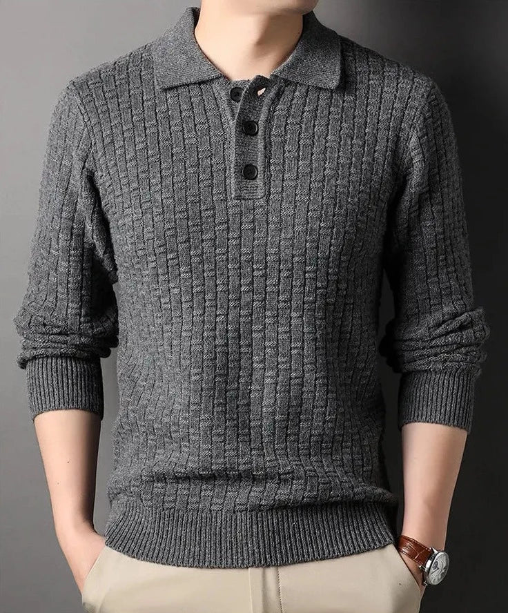 CALORA_ Geweven jacquard trui met kraag en knopen