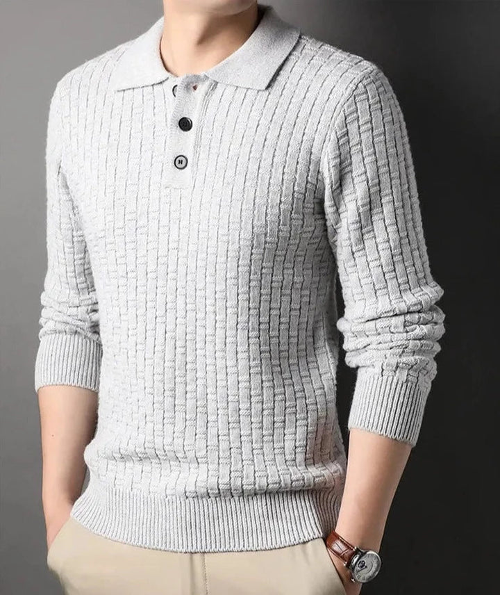 CALORA_ Geweven jacquard trui met kraag en knopen
