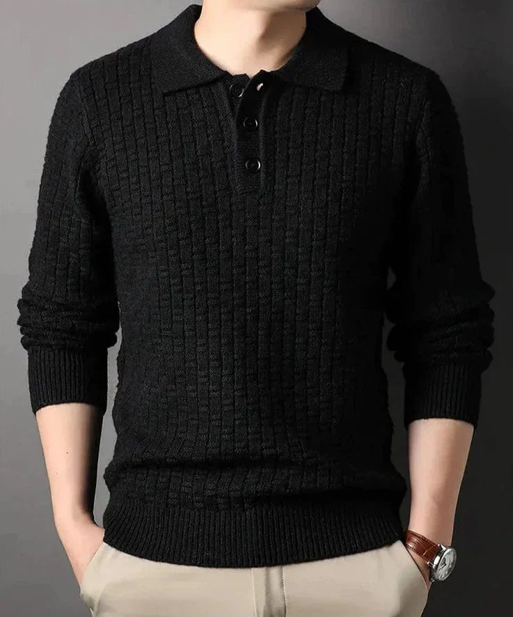 CALORA_ Geweven jacquard trui met kraag en knopen
