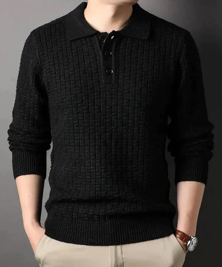 CALORA_ Geweven jacquard trui met kraag en knopen