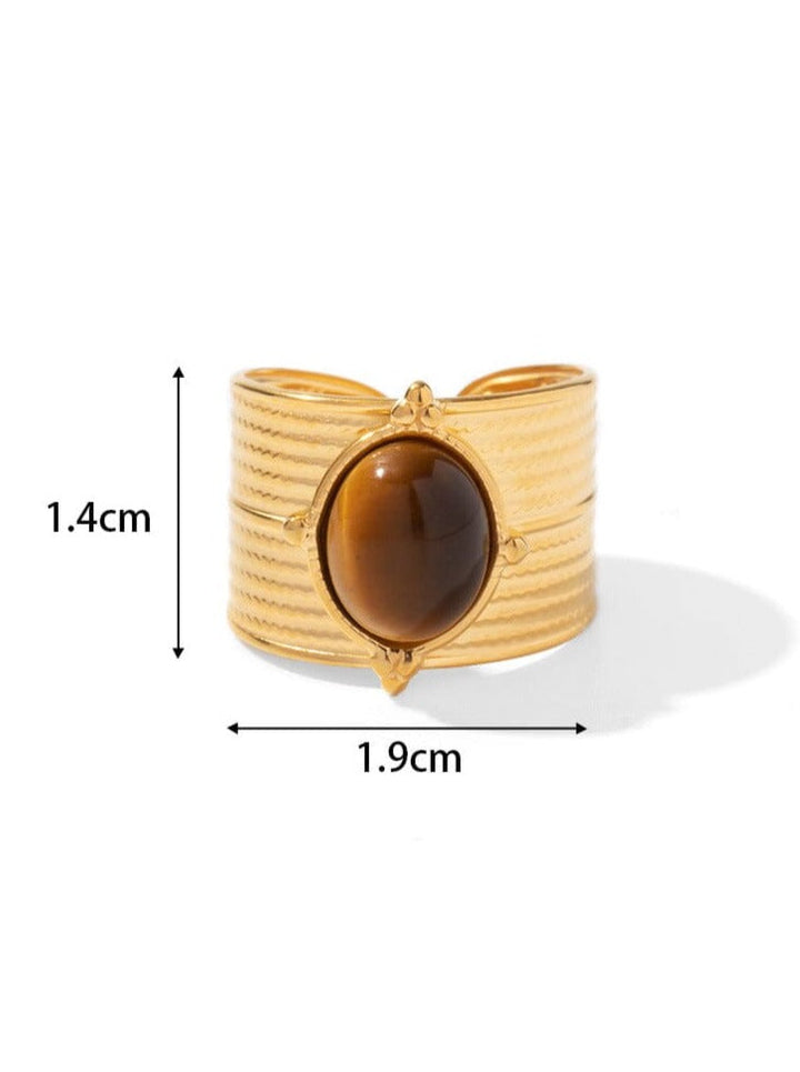 Glad Gouden Geplateerde Ovalen Steen Verstelbare Open Ring-Ringen-Calora-Tijger Oog-Calora