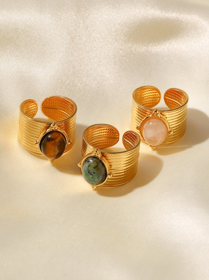 Glad Gouden Geplateerde Ovalen Steen Verstelbare Open Ring-Ringen-Calora-Turquoise-Calora