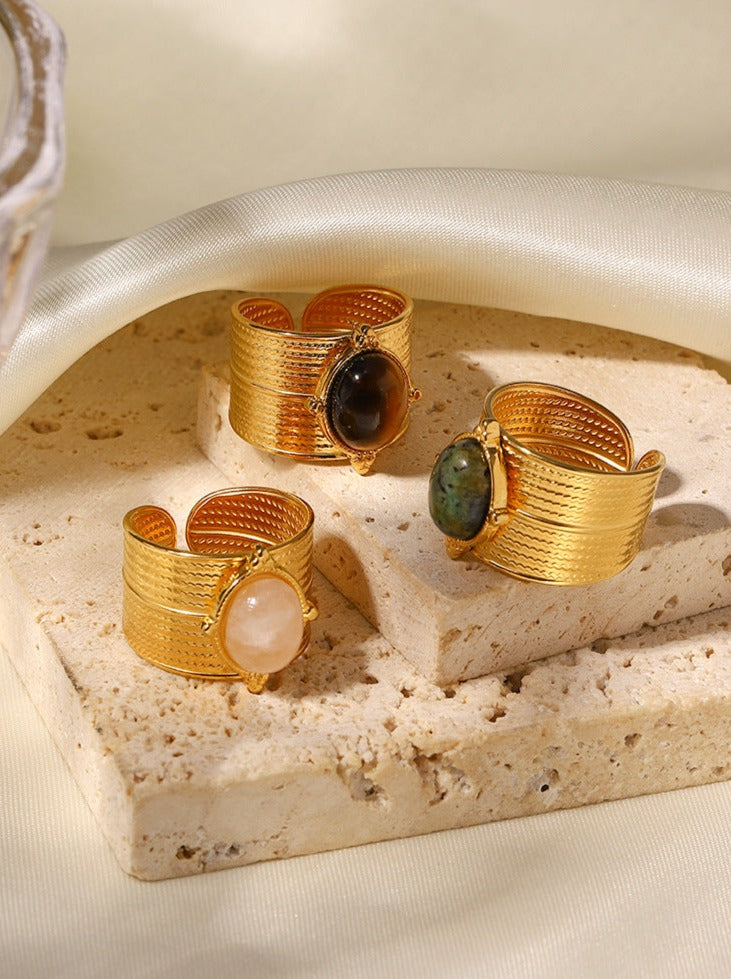 Glad Gouden Geplateerde Ovalen Steen Verstelbare Open Ring-Ringen-Calora-Turquoise-Calora