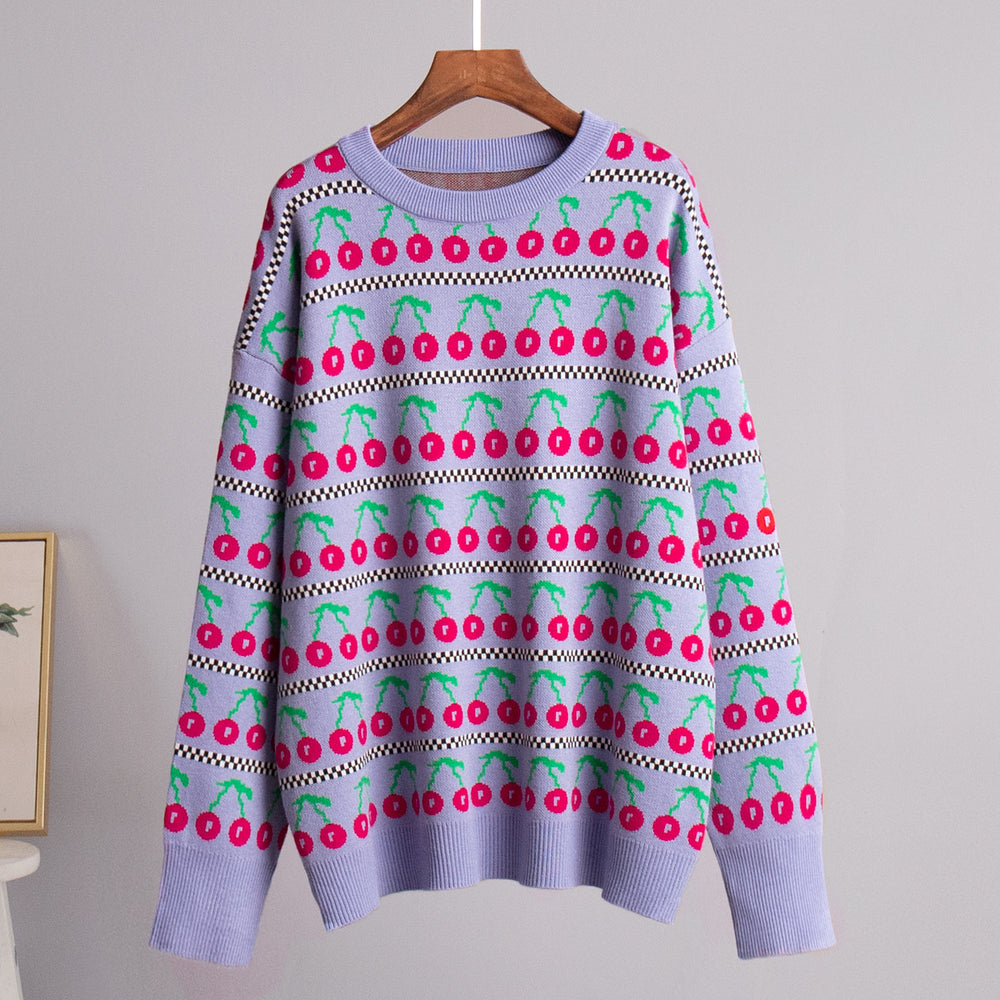 CALORA_ Halflange Retro Kersentrui met Ronde Hals en Lange Mouwen