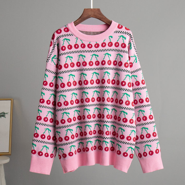 CALORA_ Halflange Retro Kersentrui met Ronde Hals en Lange Mouwen