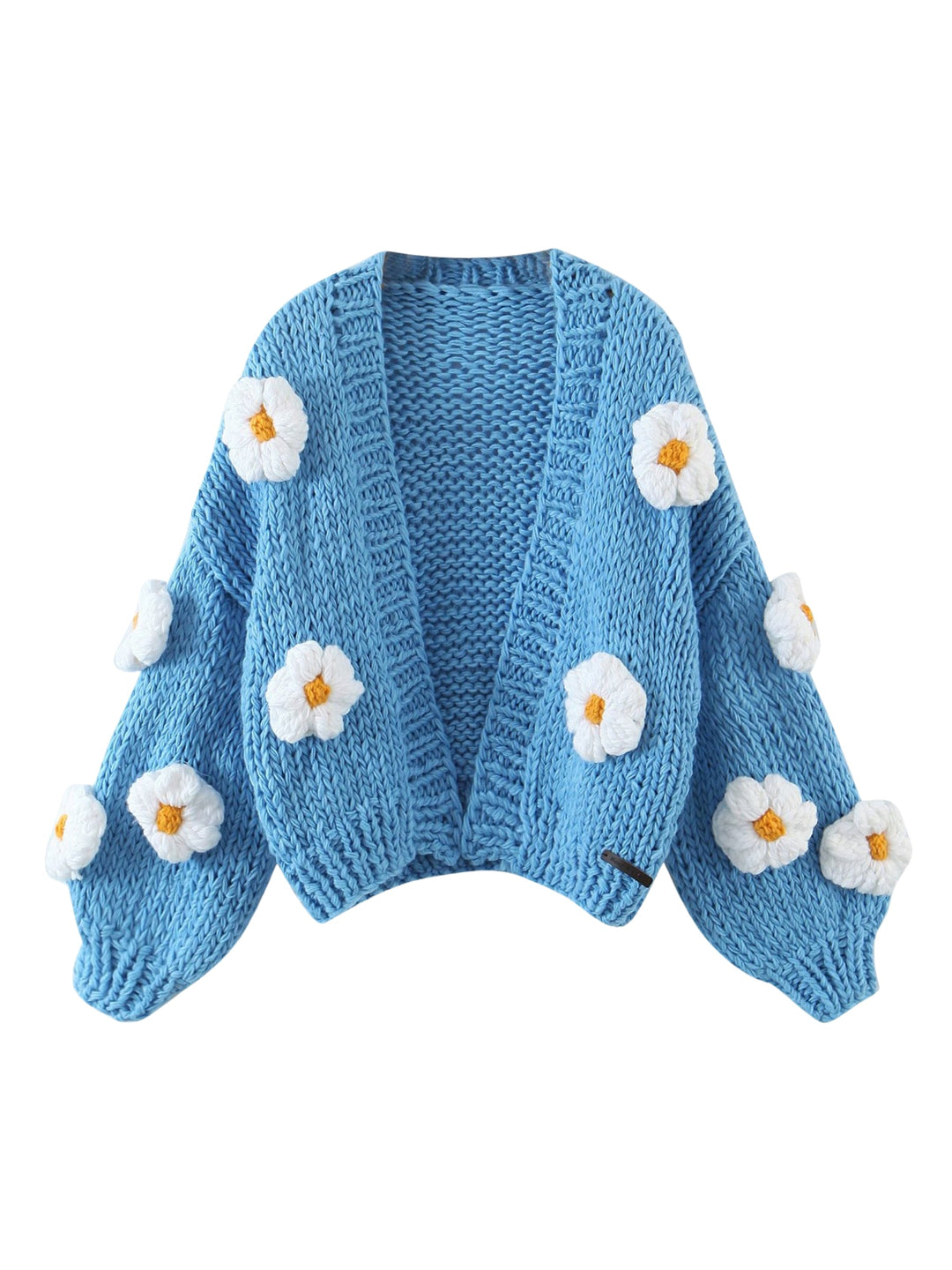 CALORA_ Handgebreide Bloemen Cardigan met Ballonmouwen en Zachte Knit
