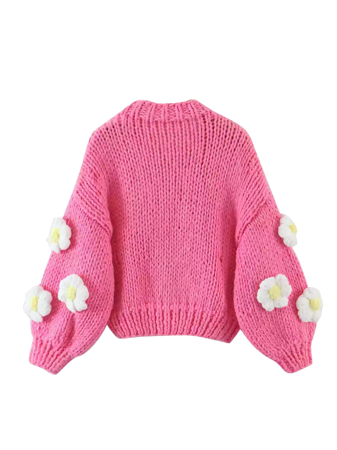 CALORA_ Handgebreide Bloemen Cardigan met Ballonmouwen en Zachte Knit