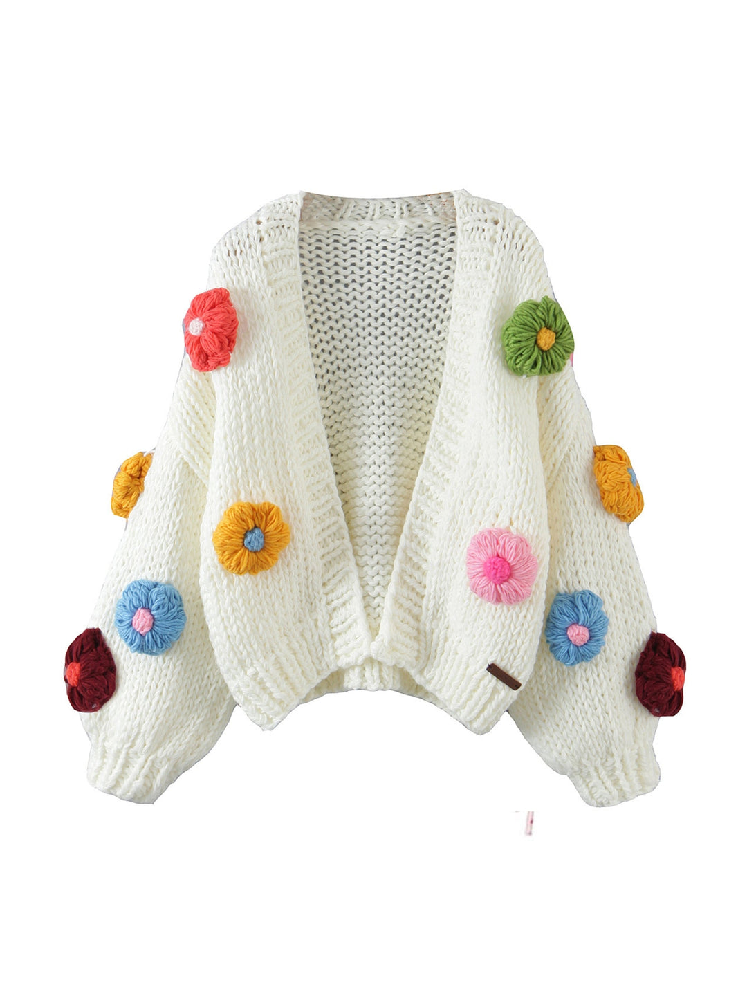CALORA_ Handgebreide Bloemen Cardigan met Ballonmouwen en Zachte Knit
