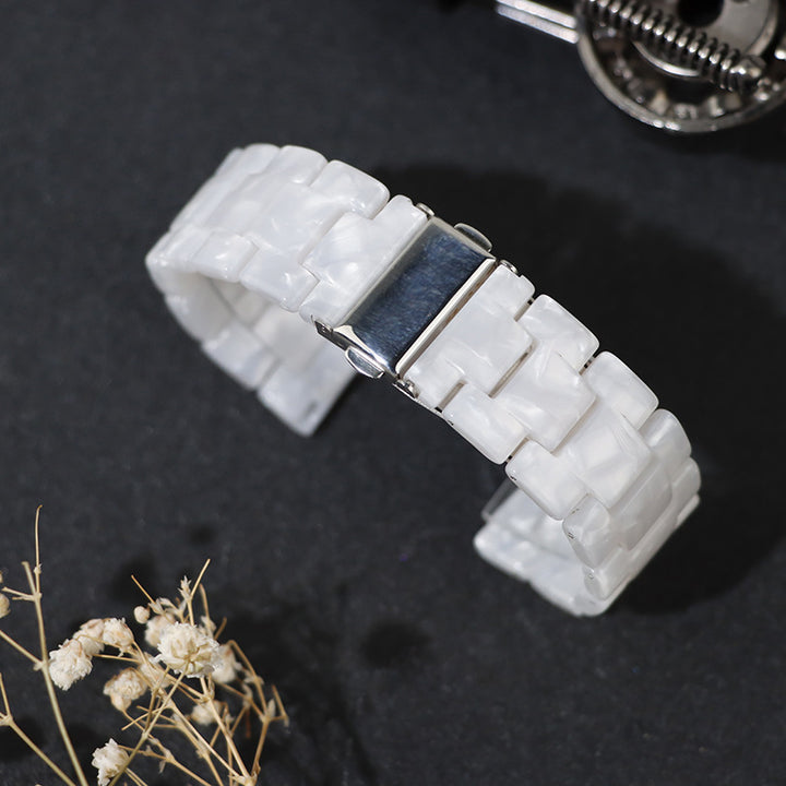 CALORA_ Hars Stalen Horlogeband voor Apple Watch 8e Generatie - in Schildpad, Parelwitte en Donkergroene Bloemen