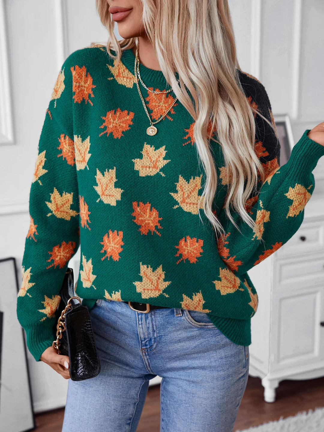 Herfst winter esdoornblad trui gebreide trui voor Dames-Blazers & Vesten-Calora-Zwart-S-Calora