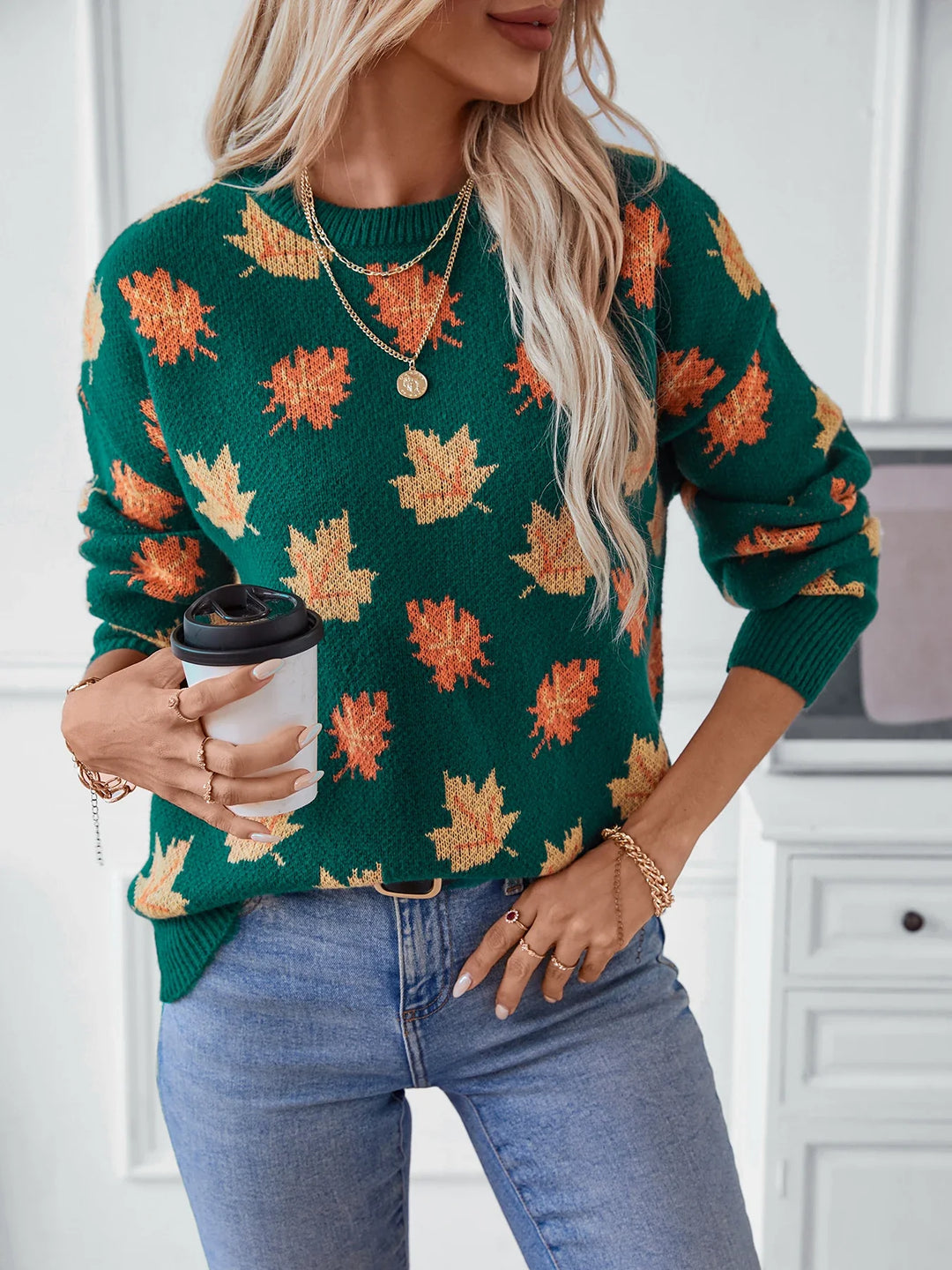 Herfst winter esdoornblad trui gebreide trui voor Dames-Blazers & Vesten-Calora-Zwart-S-Calora