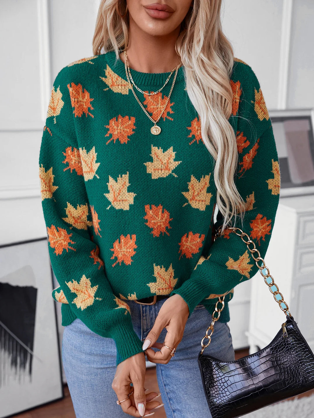 Herfst winter esdoornblad trui gebreide trui voor Dames-Blazers & Vesten-Calora-Zwart-S-Calora