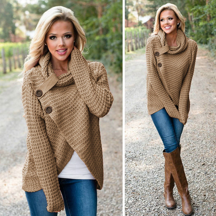 Herfsttrui hoge revers pullover knoop effen kleur-Blazers & Vesten-Calora-Beige-S-Calora