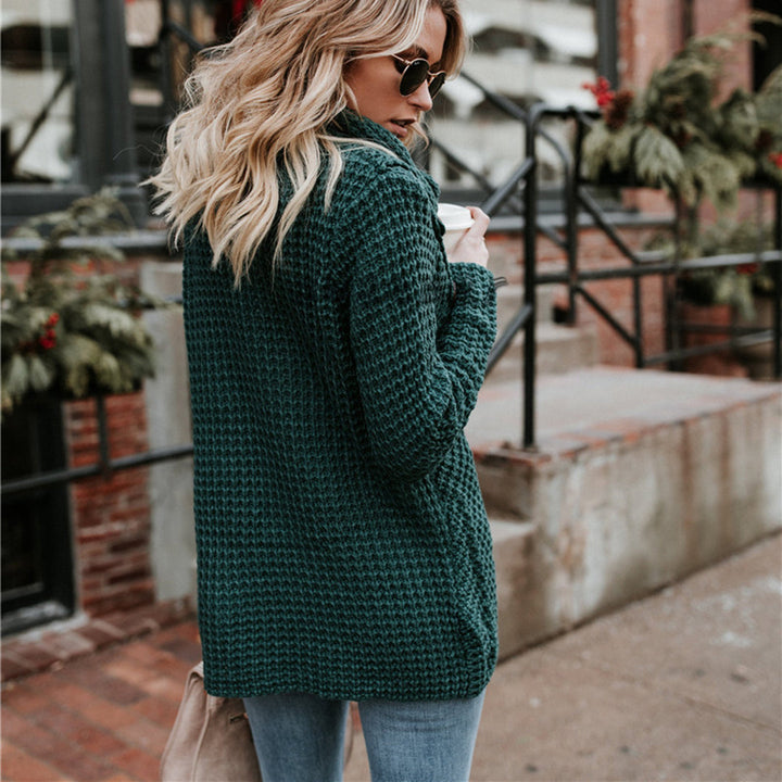 Herfsttrui hoge revers pullover knoop effen kleur-Blazers & Vesten-Calora-Donkergroen-S-Calora